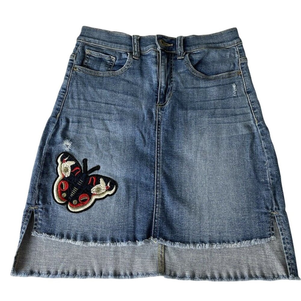 Sneak Peek Denim Skirt Size M High Rise Hi Low Step Hem Distressed Stretch